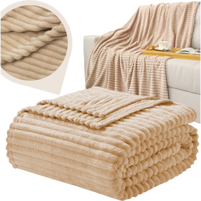 Couverture rayée 160x200 cm plaid couvre-lit fauteuil beige cadeau anniversaire
