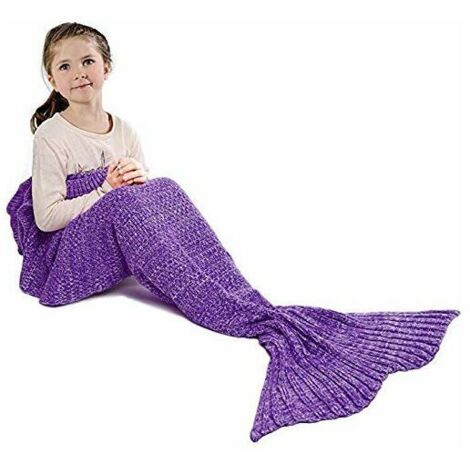 Couverture sirène tricotée à la main, chaude et personnalisée, jeté de canapé pour le salon, cadeau de Noël ou d'anniversaire pour enfants, sac de couchage à motif sirène tricoté (violet)