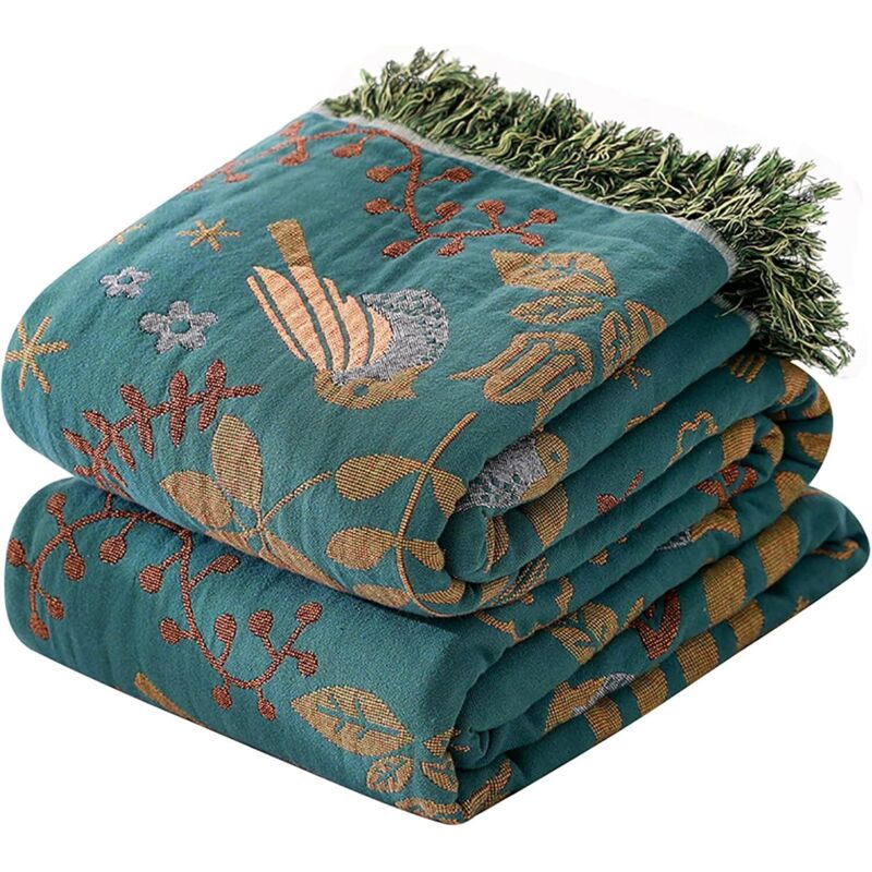 Couverture tissée coton 100% 200x230 cm, franges, double face boho, bleu/beige