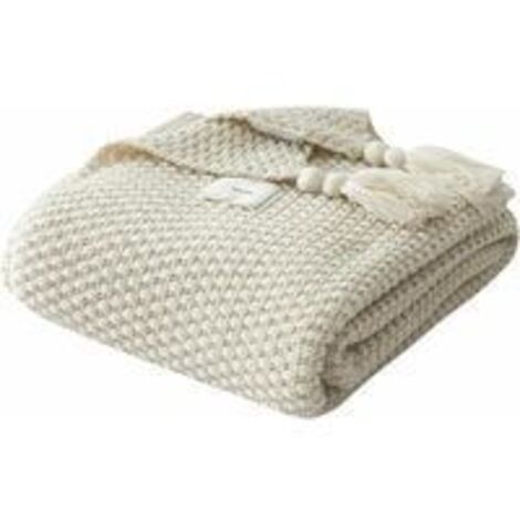 Couverture Tricot Plaid Canapé Nordique, Chaud Doux Avec Frange Faite Main, 110x150cm, Beige.