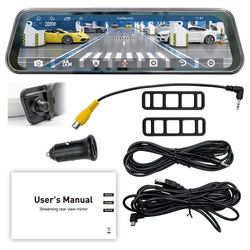 Lifcausal Caméra embarquée intégrée au rétroviseur 9,36' écran tactile Enregistreur de conduite avec Bluetooth (musique/appels), liaison smartphone,