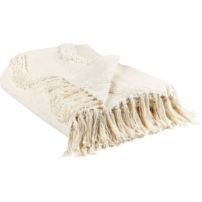 Plaid Couverture Style Boho 125 x 150 cm Motif Géométrique en Coton Beige Khari