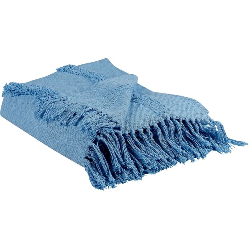 Plaid Couverture Boho 125 x 150 cm Motif Géométrique en Coton Bleu Clair Khari