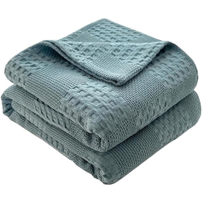 Couvre-lit 100 % coton gaufré - Plaid moelleux - Couverture d'été douce - Aspect gaufré - En coton aéré - Convient comme lit et canapé - Bleu 150 x
