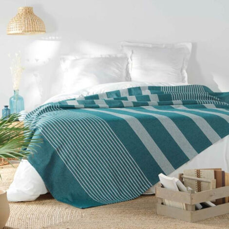 Couvre-Lit Boutis Percale 100% Coton 220x240 Cm + 2 Taies 65x65 Cm - Bleu Double Face Matelassé