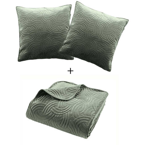 Couvre-lit 240x260 cm + 2 housses de coussin 60x60 cm – Velours uni matelassé SOLANGE Cèdre