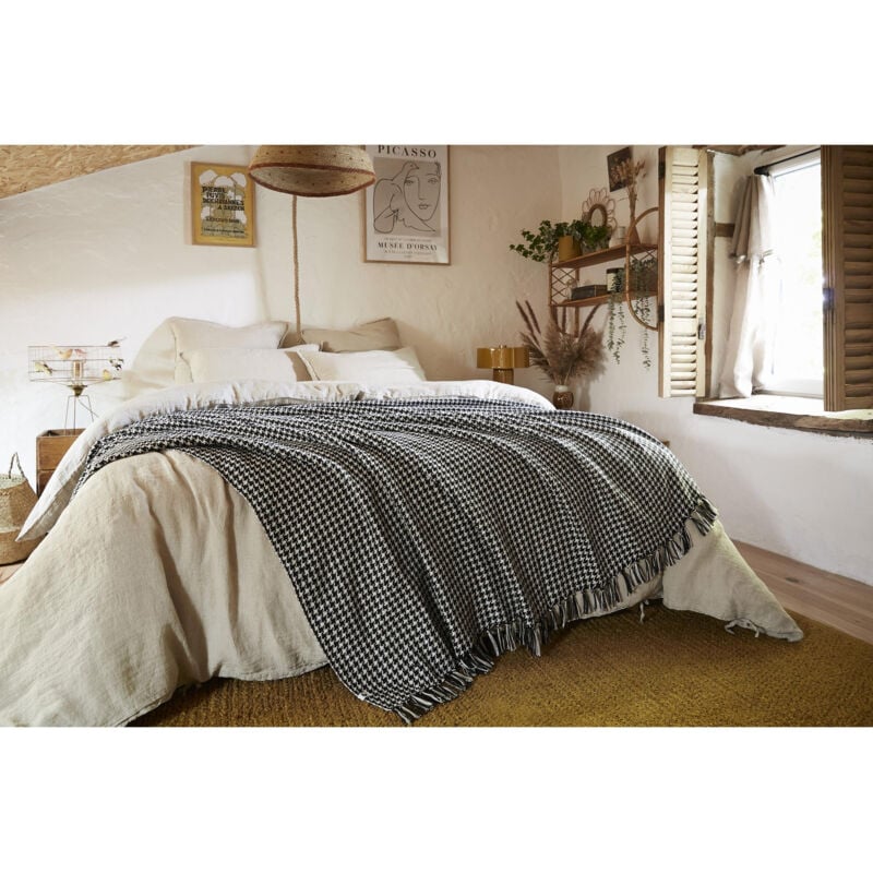 Couvre-lit à franges 240 x 260 cm pied de poule Gaspard