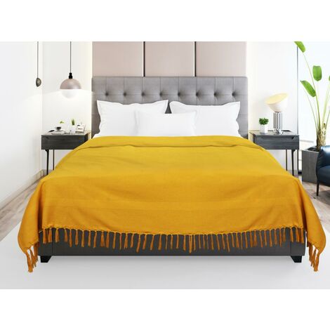 Couvre-lit à franges en coton 140 x 200 cm - Moutarde - SEGNA - Jaune moutarde