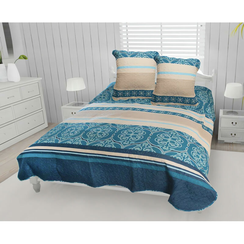 couvre-lit boutis coton 220x240 cm anna avec 2 taies d'oreiller - bleu