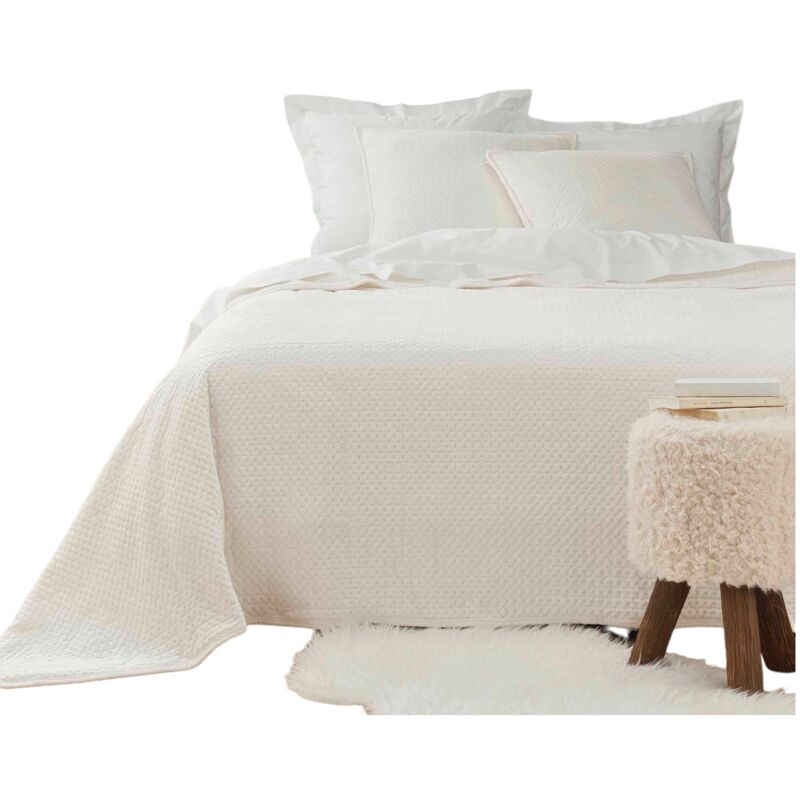 Couvre lit et taie velours et sherpa Mylene 220 x 240 cm beige