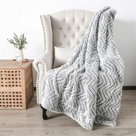Couvre-lit gris rayé super doux et chaud en fausse fourrure avec couverture arrière Sherpa blanche, réversible double face en fausse fourrure douce et soyeuse lavable en machine (50 x 60)
