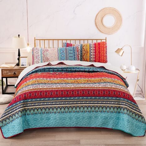 Couvre-lit matelassé bohème Double 3 pièces Patchwork Couvre-lit Courtepointe réversible Doux literie en Microfibre 220  240 cm