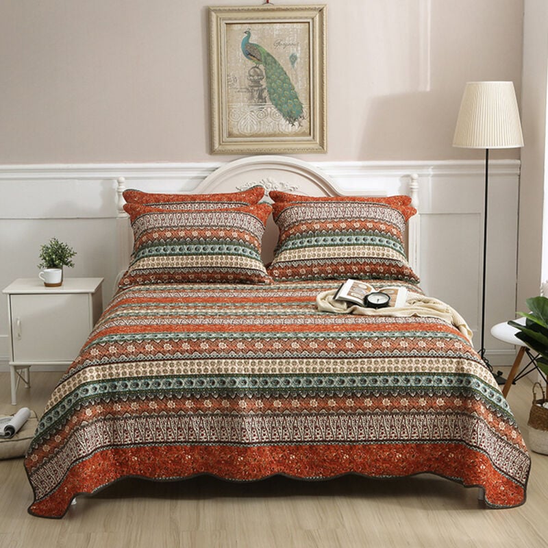 Couvre-lit matelassé bohème Double 3 pièces Patchwork Courtepointe réversible Doux literie en Microfibre - bleu 250x270cm