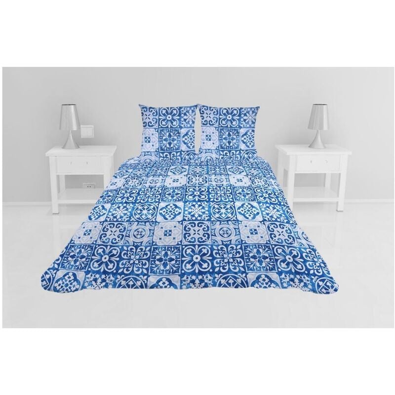 Couvre lit microfibre + taies 220 x 240 cm Persan bleu