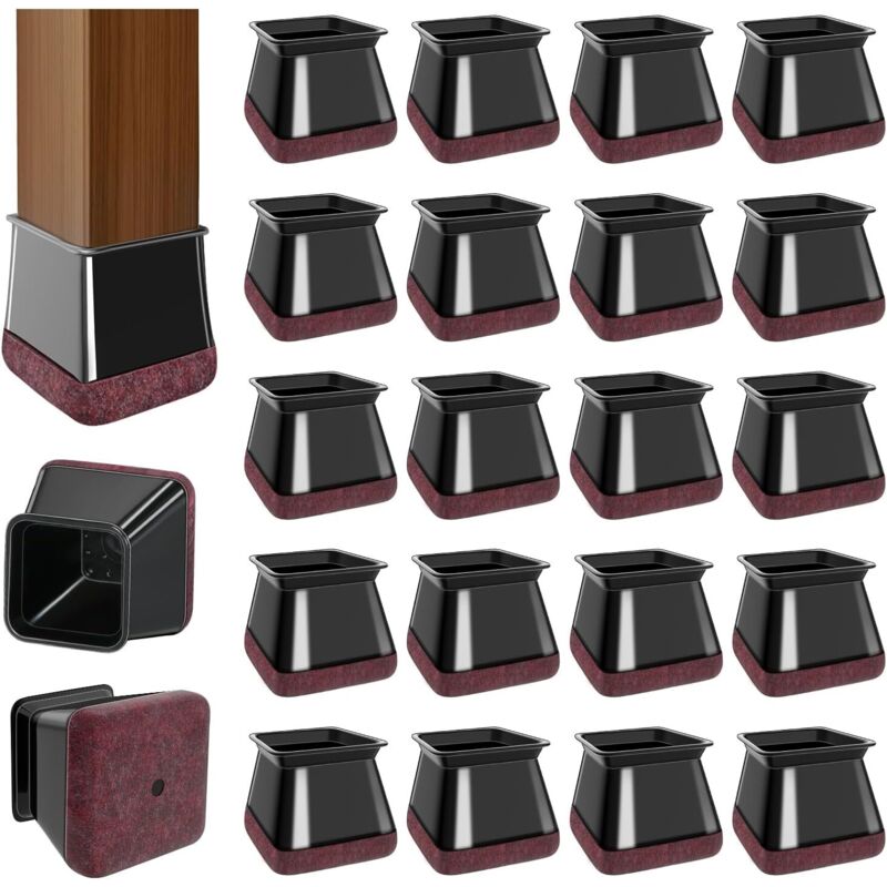 Couvre-pieds de chaise en caoutchouc noir avec embouts en feutre et silicone (paquet de 20, diamètre carré : 2,0 cm à 2,6 cm)