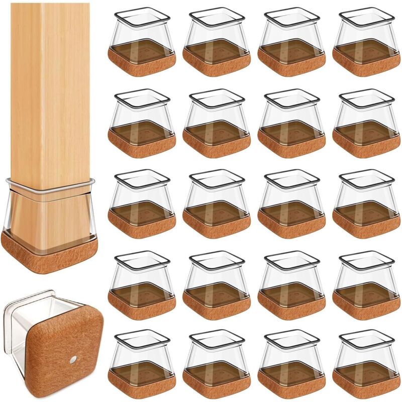 Couvre-pieds de chaise en caoutchouc transparent avec embouts en feutre et silicone (paquet de 20, diamètre carré : 2,0 cm à 2,6 cm)