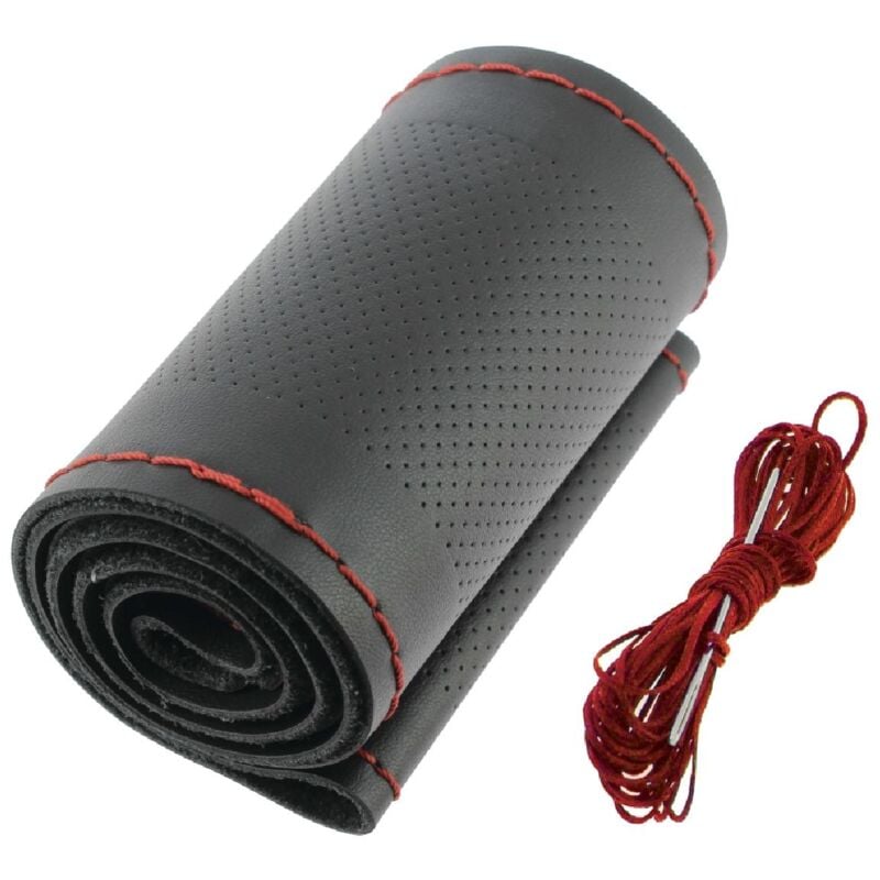 Couvre volant noir cuir a lacet rouge - 37-39 cm