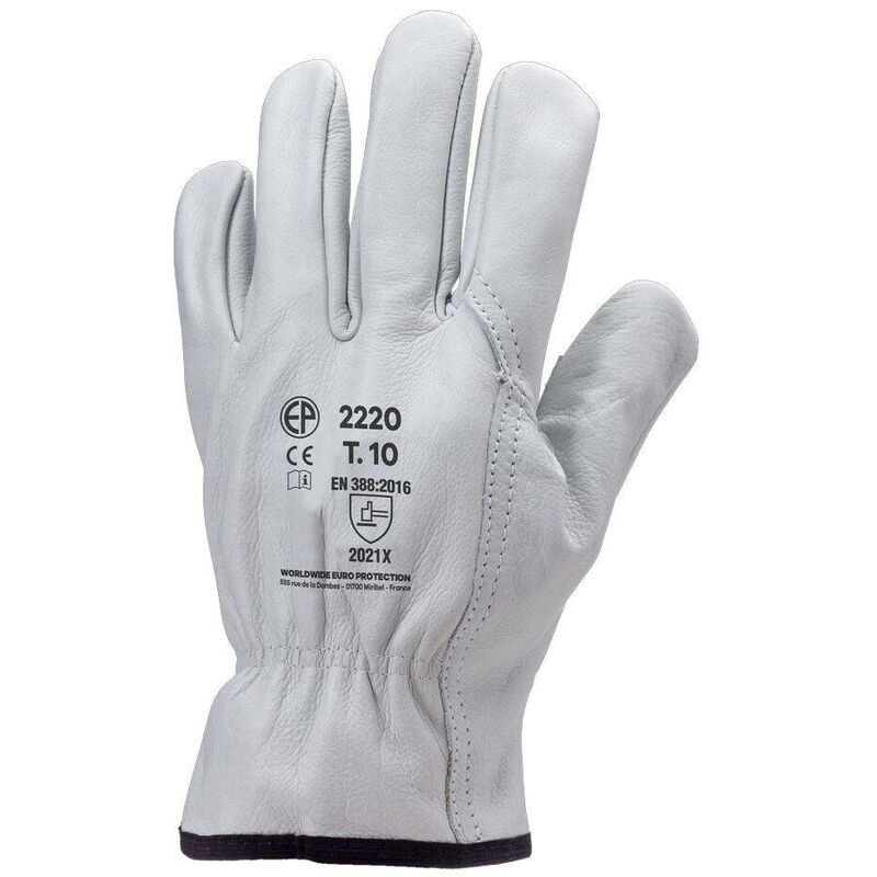 Gants de travail en cuir de vachette Eurotechnique 2220 (lot de 10 paires de gants) Blanc 10 - Blanc