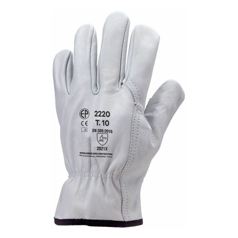 eurotechnique - gants de travail en cuir de vachette 2220 (lot de 10 paires de gants) blanc 9 - blanc