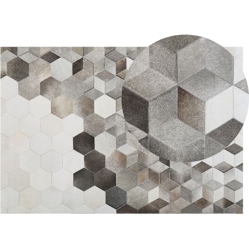 Cowhide Leather Area Rug Grey Patchwork Geometric Pattern 140 x 200 cm Sason