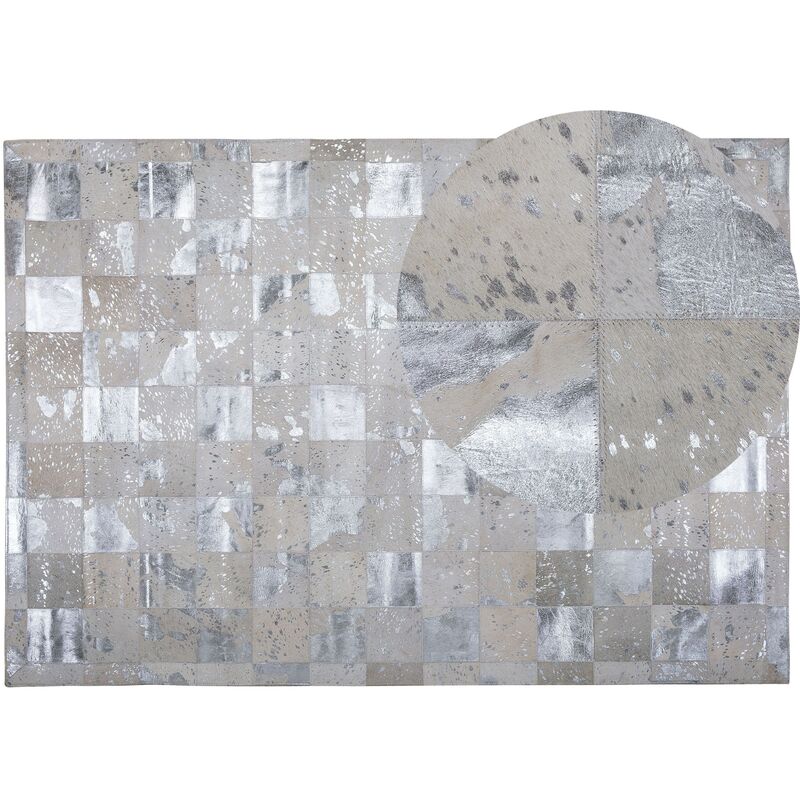 Modern Patchwork Cowhide Leather Area Rug 160 x 230 cm Beige Silver Gloss Yazir