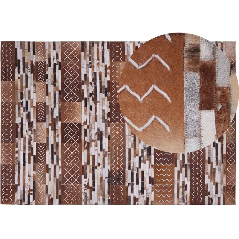 Beliani - Cowhide Leather Area Rug Patchwork Striped Pattern 160 x 230 cm Brown Herekli