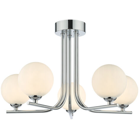 Cradle Plafonnier semi-affleurant à 5 ampoules, chrome poli, verre opale