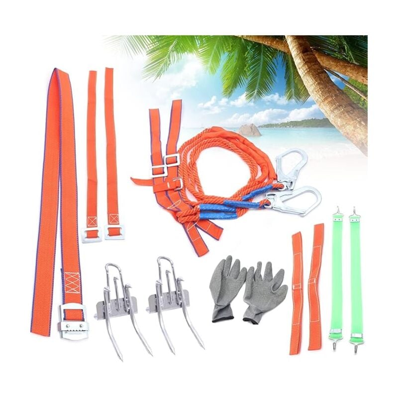 Set d'outils pour grimper dans les arbres Griffes pour grimper en forêt Ceinture de protection pour grimper dans les arbres + corde orange + piquets