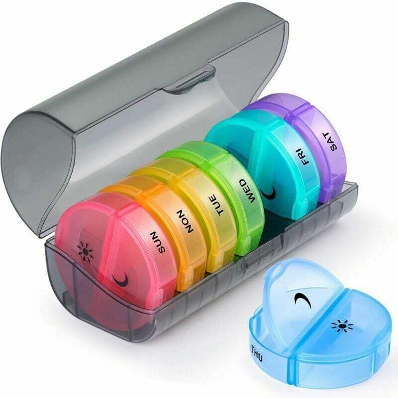 Pilulier Semainier Francais Matin et Soir, Pilulier Rond 7 Jours 14 Compartiments Pillbox Multicolores Pilulier Hebdomadaire - Deux Fois Par Jour