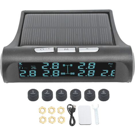 cran LCD TPMS à énergie solaire sans fil Système de surveillance de la pression des pneus à 6 capteurs Moniteur étanche IP68 pour remorque RV Van SUV Pick-up Bus