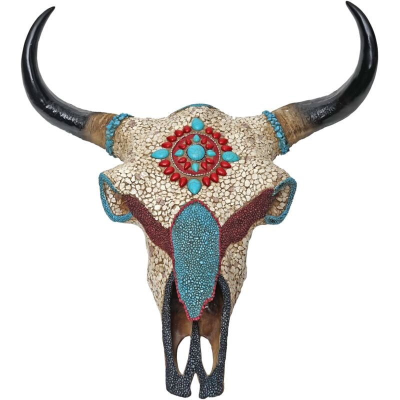 HHG - jamais utilisé] Crâne de décoration vache 627, polyresin, sculpture, taureau avec cornes, mosaïque 51x50x25cm