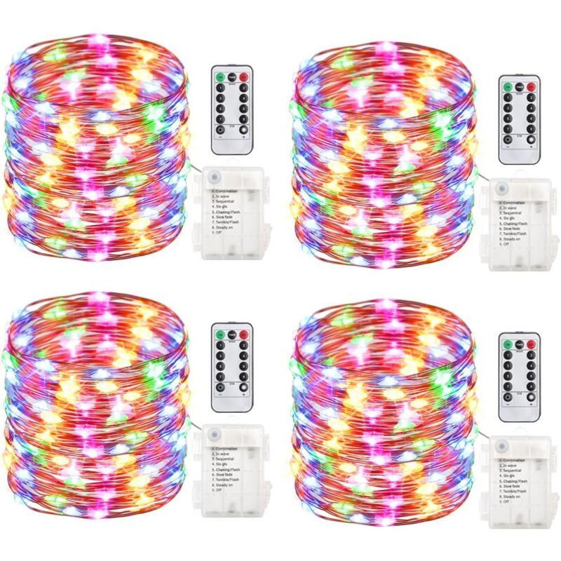 Lot de 4 guirlandes lumineuses à 50 pieds de 16,4 pieds à piles avec minuterie de télécommande fil de cuivre étanche guirlandes lumineuses pour