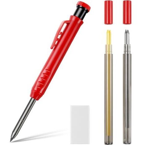 Crayon Chantier Solide et Extensible, Crayon de Menuisier avec 6 Recharges et Gomme, Crayon Mécanique, Taille-Crayon Intégré Marqueur de Travail Bois à Long Nez pour Architecte Menuiserie