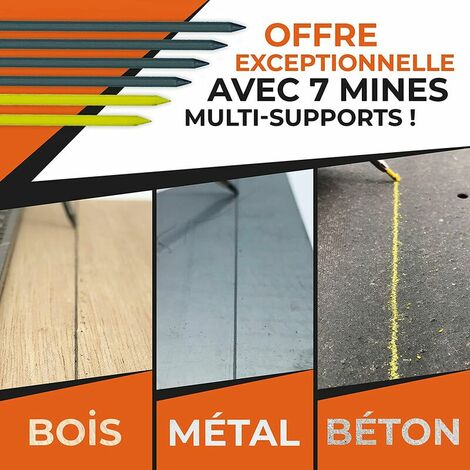 Crayon Chantier SOLIDE et EXTENSIBLE [+ INCLUS 7 MINE Multi-Supports + Taille Mine] Porte Mine pour Menuisier Grasse Bricolage Outillage Dessin Tracer Gras Bois Metal Béton Carrelage Charpent