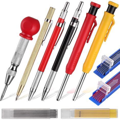 Crayon de Charpentier avec Poinçon Central Pointe en Carbure Crayons Charpentier Mécanique Trou Profond 24pcs Recharges Crayons de Menuisier Solide Outil de Marquage Taille-Crayon Intégré