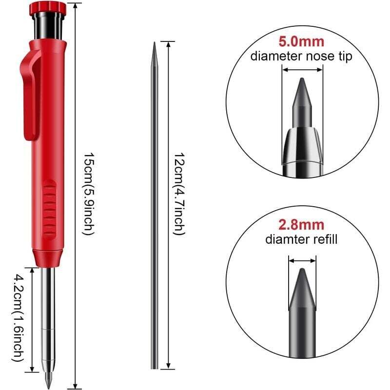 Crayons de Charpentier Rouge, Porte-mines avec Taille-Crayon Intégré et 6 Mines,Crayons de Menuisier à Trou Profond,Crayons de Chantier à Long