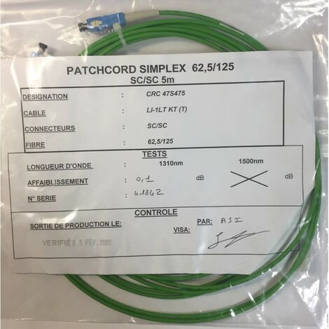 CRC 47S475 - 5 mètres Câble Fibre Optique 62.5/125 SC/SC Simplex - vert
