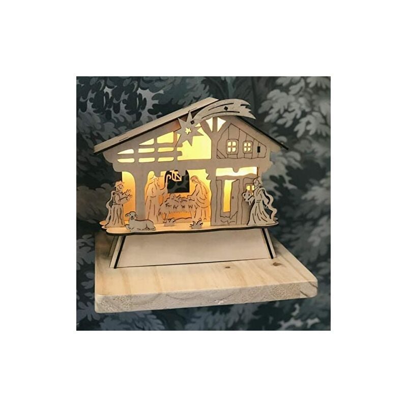 Crèche de Noël en bois travaillé au Laser avec Lumières led , Scène Nativité , 21x18x5 cm
