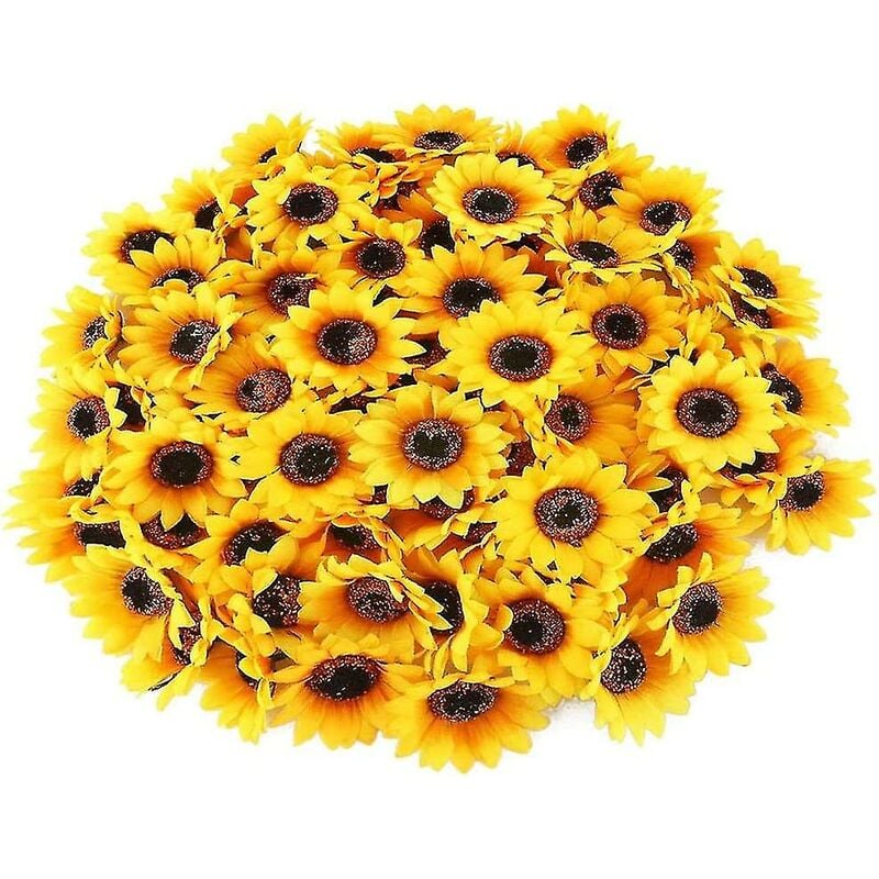 Crea - 100 pièces tête de fleur artificielle soie jaune fleurs de tournesol déco pour bricolage couronne de gâteau broche emballage arrangement