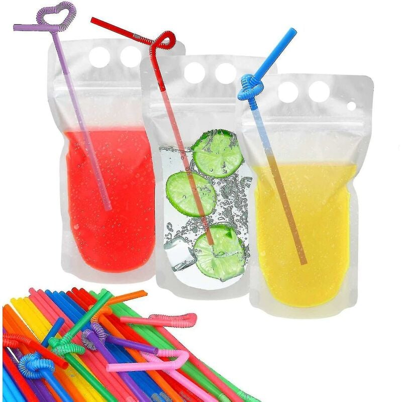 Crea - 100 pochettes à boissons avec 100 trous de paille pochettes en plastique translucides refermables à fermeture éclair