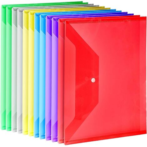 CREA 12 Pack Plastic Envelopes, A4 Clear File Organizer With Snaps,6 Colors