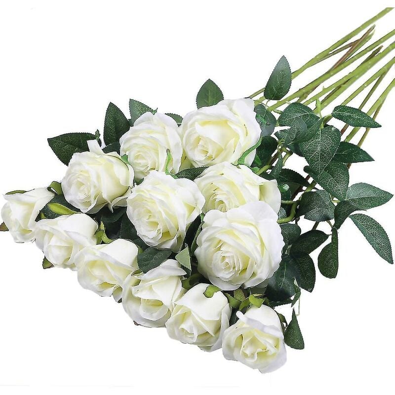 12 pièces fleurs artificielles en soie bouquet de roses réalistes longue tige pour la décoration de mariage à la maison fête (blanc) - Crea