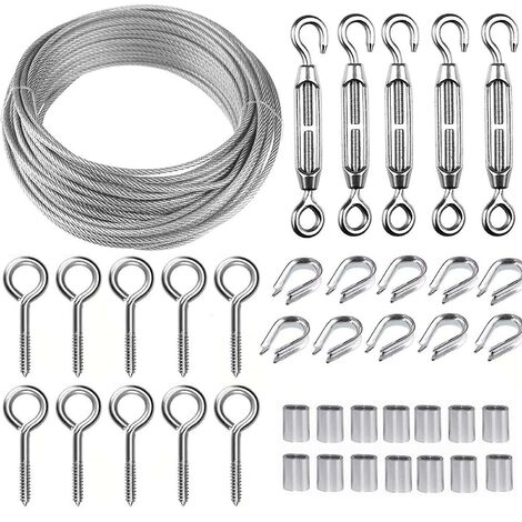 CREA 30m Stainless Steel Rope Hanging Kit, Wire Rope Kit, 2mm Coated Stainless Steel Rope, With M5 Rope Tensioner And Eye Hooks, For Climbing Plants, Raili
