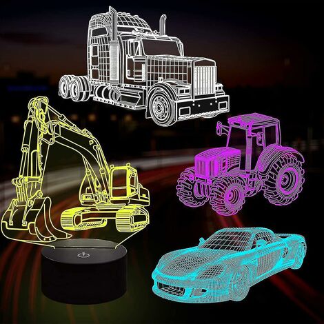 CREA Attoe Lampe de voiture 3D Veilleuse Illusion 3D pour enfants, camion, tracteur, pelle, 16 couleurs changeantes avec télécommande, intensité variable (4 modèles), chambre d'enfant D