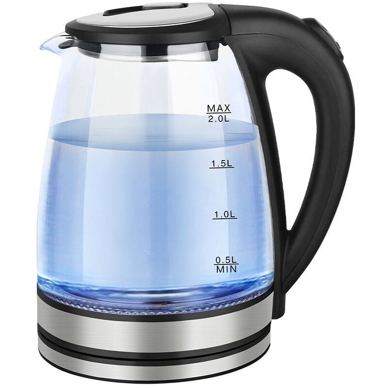 Bouilloire électrique à ébullition rapide, 2 litres, 2000 watts, bouilloire en verre facile à nettoyer, mise hors tension automatique et fonction