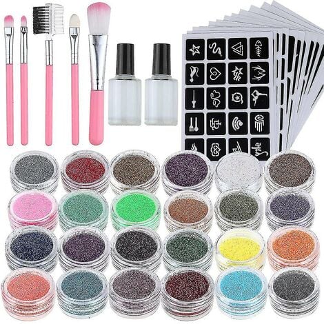 CREA Glitter Tattoo Set - 24 tubes de paillettes, 125 pochoirs, 2 colles et 5 pinceaux