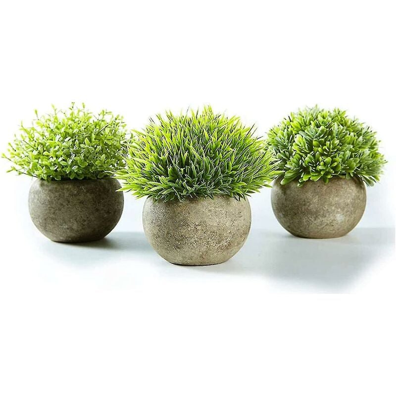 Crea - Lot de 3 petites plantes artificielles d'intérieur en pots, fausses plantes en plastique dans un pot rond gris, fausse plante d'intérieur et