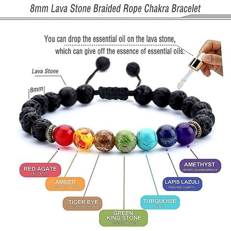 CREA Men Women 8mm Lava Rock 7 Chakras Aromatherapy Essential Oil Diffuser Bracelet