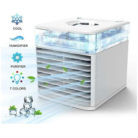 Crea – Rafraîchisseur d'air portable 4-en-1 – Refroidissement, humidification, purification – 7 couleurs LED – Pour espaces confinés – USB