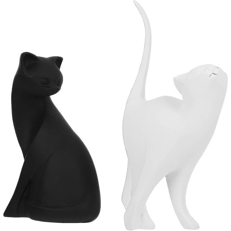 Resin Cat Statue Cat Sculpture For Home Office Decor Resin Craft Ornament (2 Pieces, Black & White) - Crea